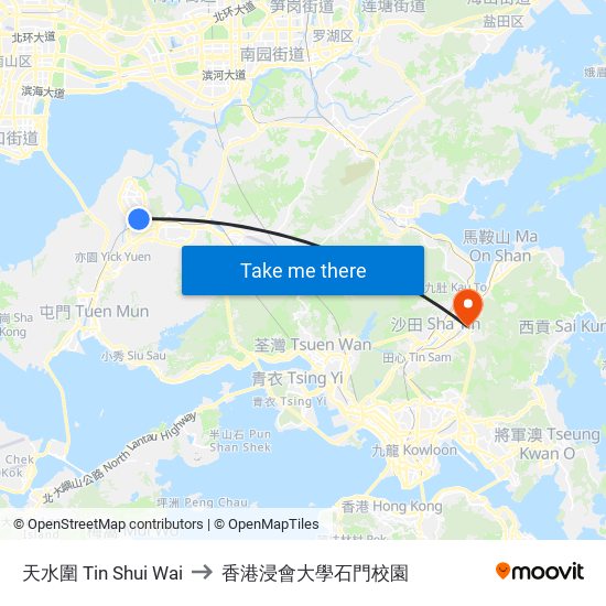 天水圍 Tin Shui Wai to 香港浸會大學石門校園 map