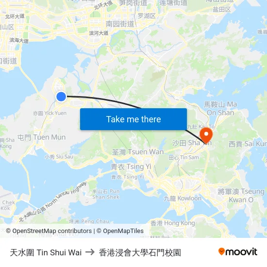 天水圍 Tin Shui Wai to 香港浸會大學石門校園 map