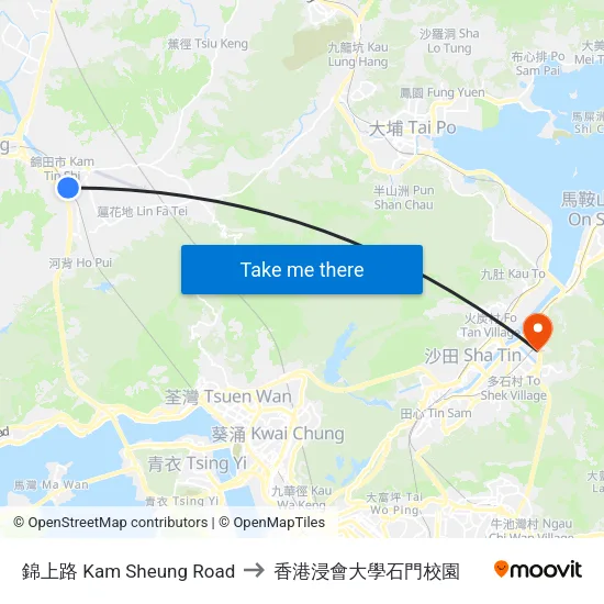 錦上路 Kam Sheung Road to 香港浸會大學石門校園 map