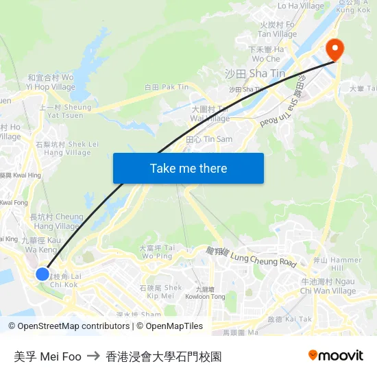 美孚 Mei Foo to 香港浸會大學石門校園 map