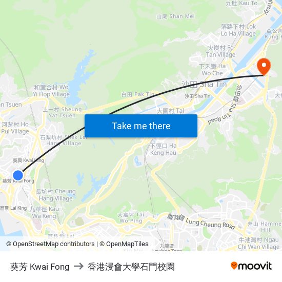 葵芳 Kwai Fong to 香港浸會大學石門校園 map