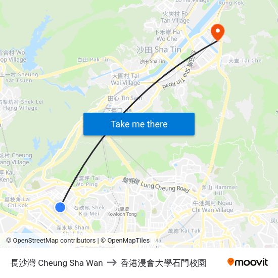 長沙灣 Cheung Sha Wan to 香港浸會大學石門校園 map