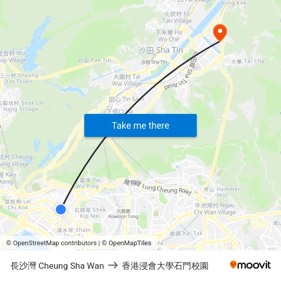 長沙灣 Cheung Sha Wan to 香港浸會大學石門校園 map
