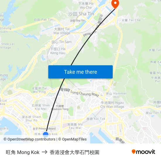 旺角 Mong Kok to 香港浸會大學石門校園 map
