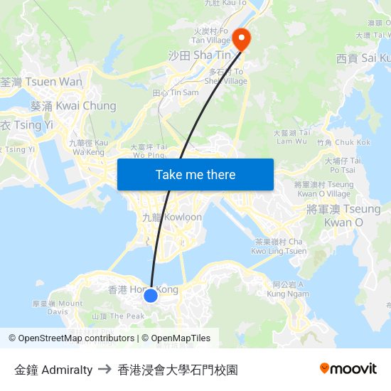 金鐘 Admiralty to 香港浸會大學石門校園 map