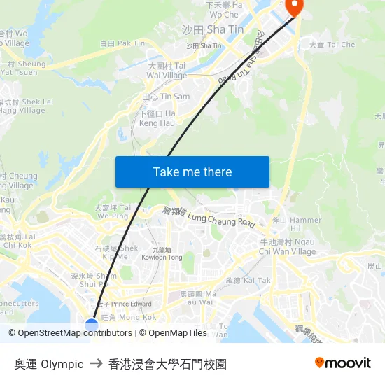 奧運 Olympic to 香港浸會大學石門校園 map