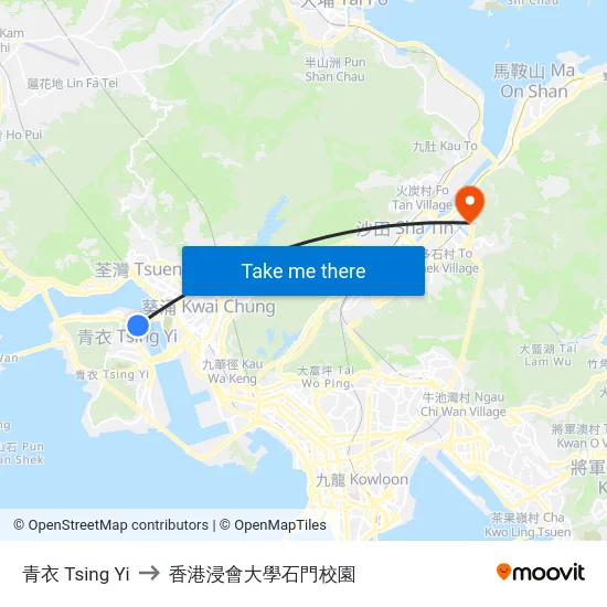 青衣 Tsing Yi to 香港浸會大學石門校園 map