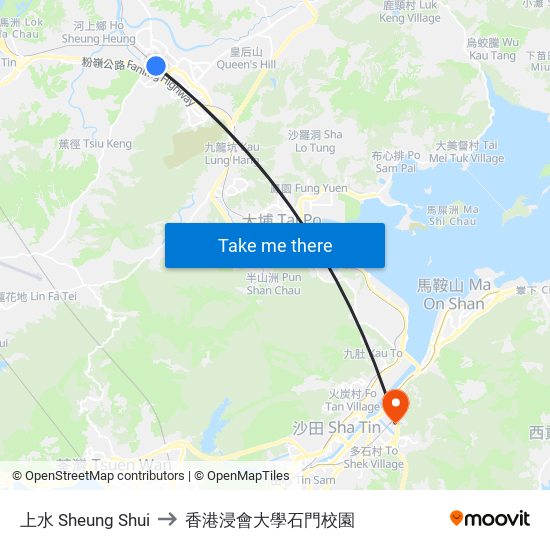 上水 Sheung Shui to 香港浸會大學石門校園 map