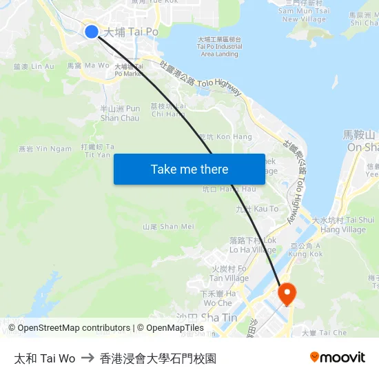 太和 Tai Wo to 香港浸會大學石門校園 map