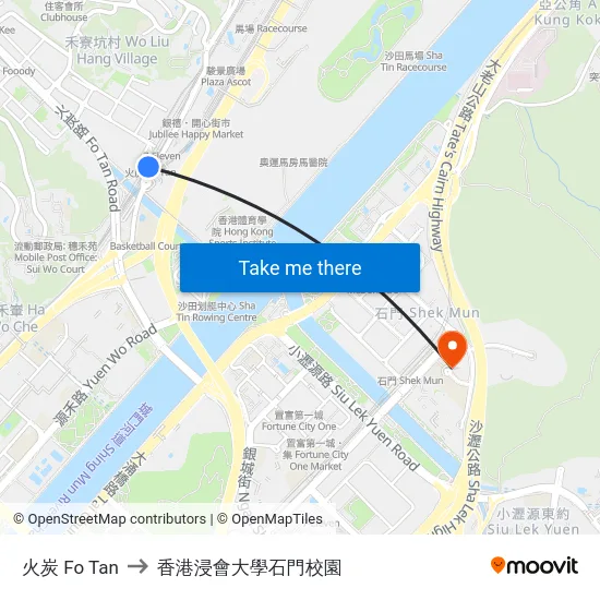 火炭 Fo Tan to 香港浸會大學石門校園 map