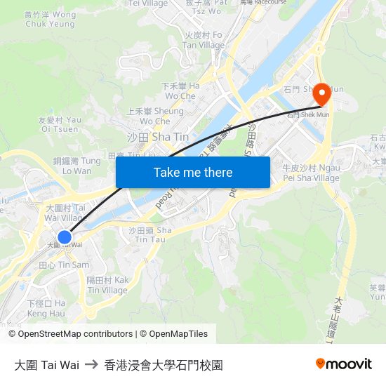 大圍 Tai Wai to 香港浸會大學石門校園 map