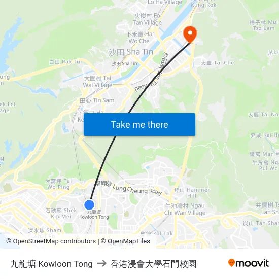 九龍塘 Kowloon Tong to 香港浸會大學石門校園 map