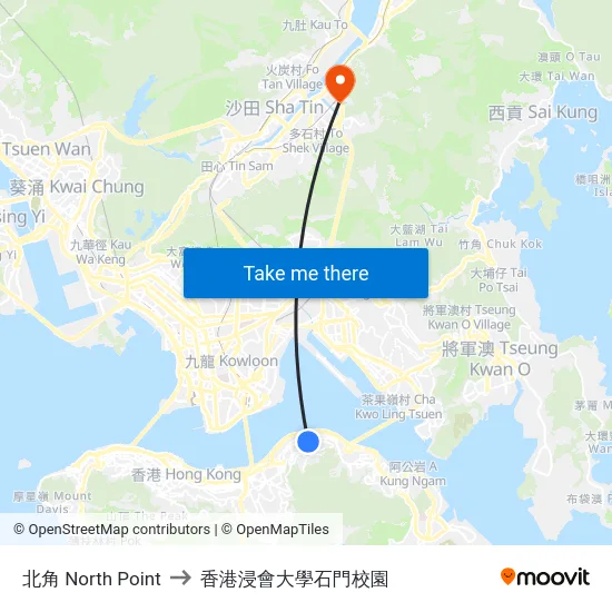 北角 North Point to 香港浸會大學石門校園 map