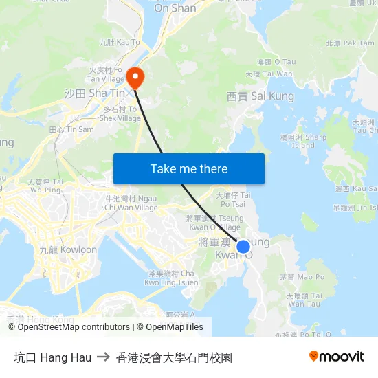 坑口 Hang Hau to 香港浸會大學石門校園 map