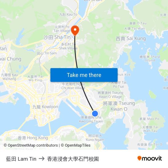 藍田 Lam Tin to 香港浸會大學石門校園 map