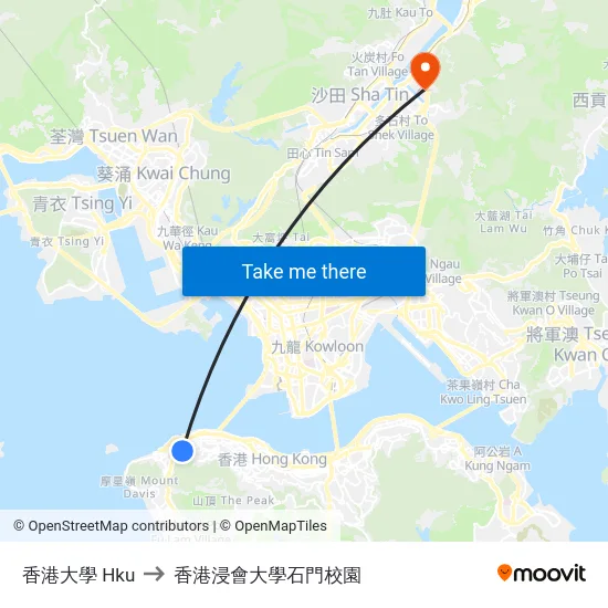 香港大學 Hku to 香港浸會大學石門校園 map