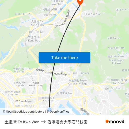 土瓜灣 To Kwa Wan to 香港浸會大學石門校園 map