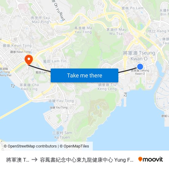 將軍澳 Tseung Kwan O to 容鳳書紀念中心東九龍健康中心 Yung Fung Shee Memorial Centre East Kowloon Health Centre map