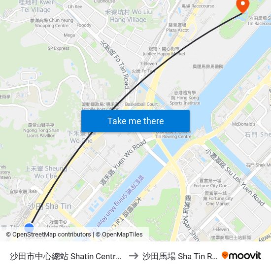 沙田市中心總站 Shatin Central Bus Terminus to 沙田馬場 Sha Tin Racecourse map