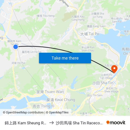 錦上路 Kam Sheung Road to 沙田馬場 Sha Tin Racecourse map