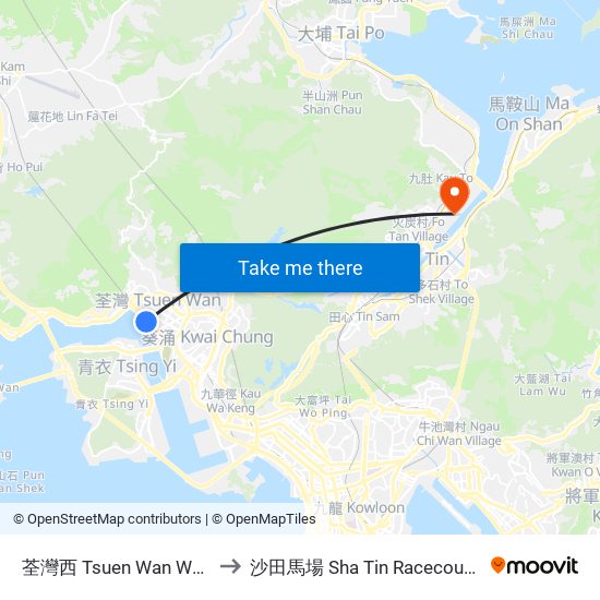 荃灣西 Tsuen Wan West to 沙田馬場 Sha Tin Racecourse map