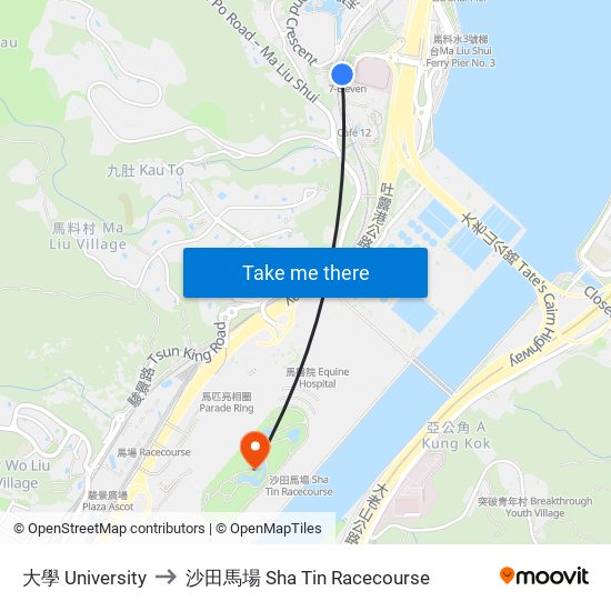 大學 University to 沙田馬場 Sha Tin Racecourse map