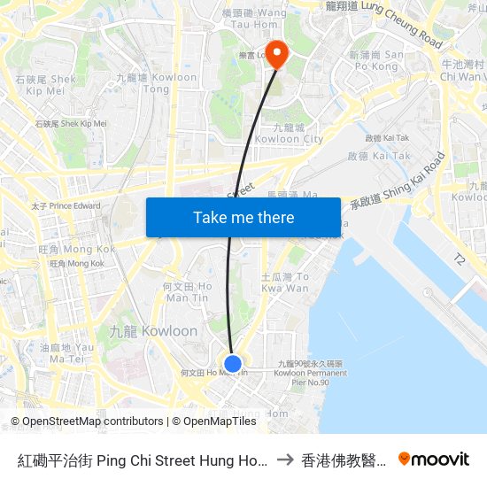 紅磡平治街 Ping Chi Street Hung Hom to 香港佛教醫院 map