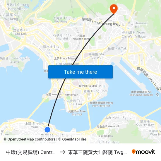 中環(交易廣場) Central (Exchange Square) to 東華三院黃大仙醫院 Twghs Wong Tai Sin Hospital map