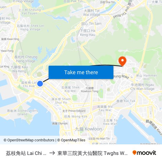 荔枝角站 Lai Chi Kok Station to 東華三院黃大仙醫院 Twghs Wong Tai Sin Hospital map