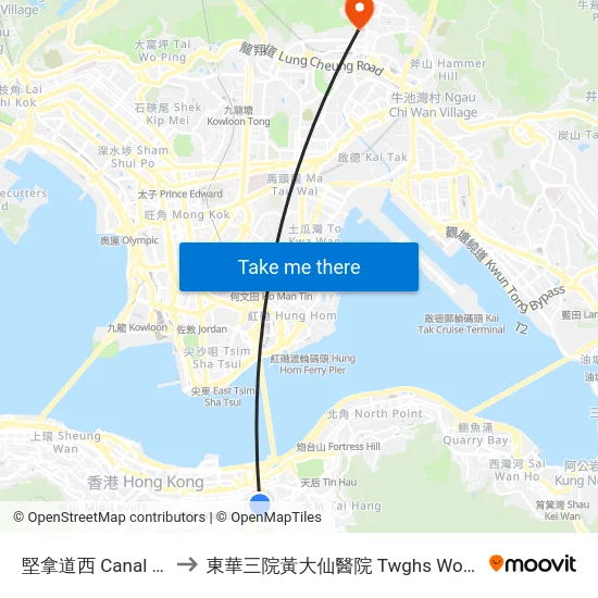 堅拿道西 Canal Road West to 東華三院黃大仙醫院 Twghs Wong Tai Sin Hospital map
