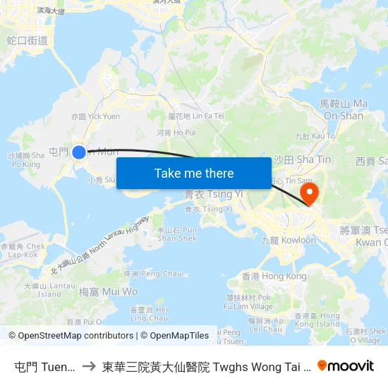 屯門 Tuen Mun to 東華三院黃大仙醫院 Twghs Wong Tai Sin Hospital map