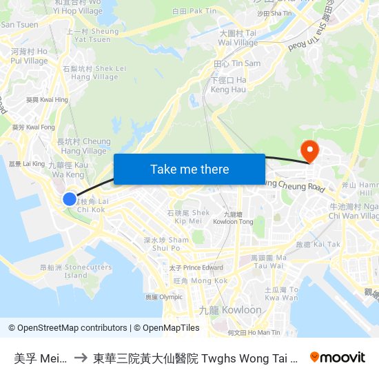 美孚 Mei Foo to 東華三院黃大仙醫院 Twghs Wong Tai Sin Hospital map