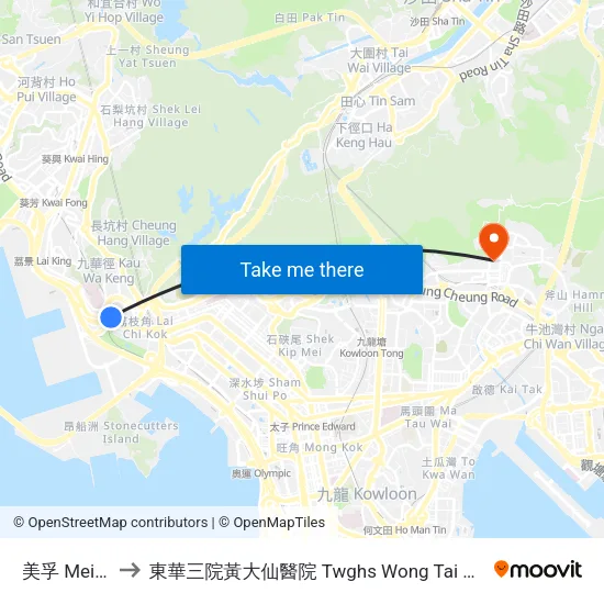 美孚 Mei Foo to 東華三院黃大仙醫院 Twghs Wong Tai Sin Hospital map