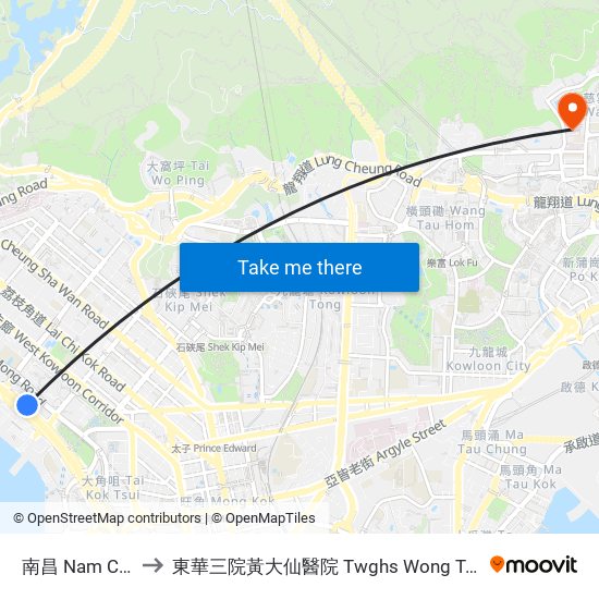 南昌 Nam Cheong to 東華三院黃大仙醫院 Twghs Wong Tai Sin Hospital map