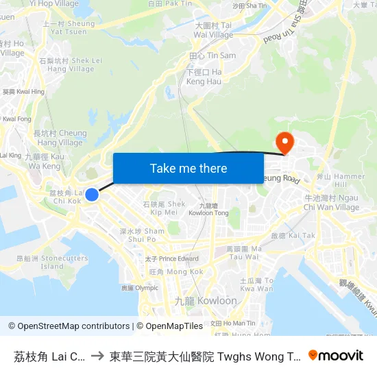 荔枝角 Lai Chi Kok to 東華三院黃大仙醫院 Twghs Wong Tai Sin Hospital map