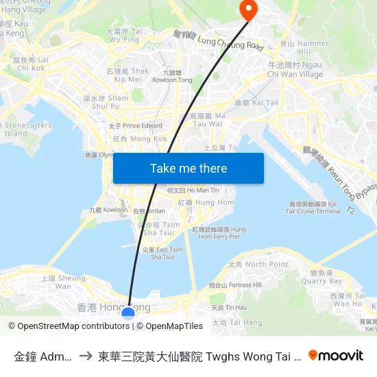 金鐘 Admiralty to 東華三院黃大仙醫院 Twghs Wong Tai Sin Hospital map