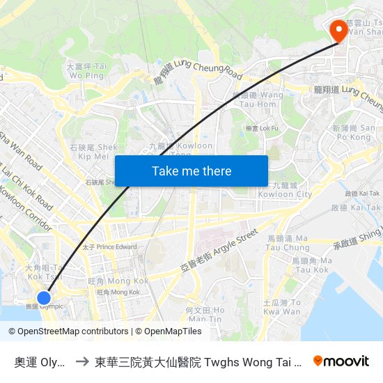 奧運 Olympic to 東華三院黃大仙醫院 Twghs Wong Tai Sin Hospital map