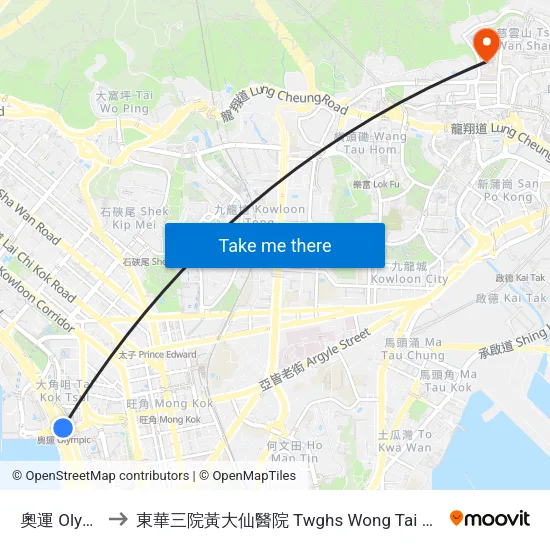 奧運 Olympic to 東華三院黃大仙醫院 Twghs Wong Tai Sin Hospital map