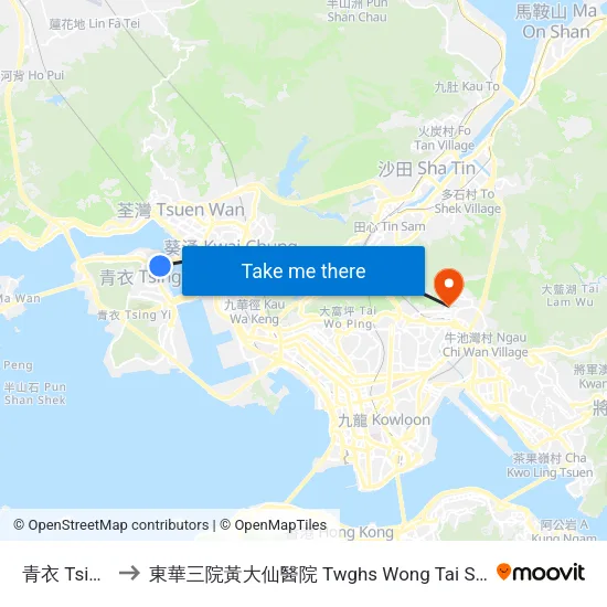 青衣 Tsing Yi to 東華三院黃大仙醫院 Twghs Wong Tai Sin Hospital map