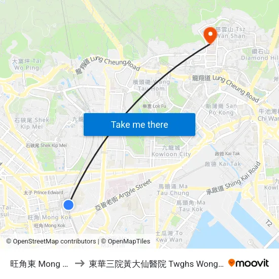 旺角東 Mong Kok East to 東華三院黃大仙醫院 Twghs Wong Tai Sin Hospital map