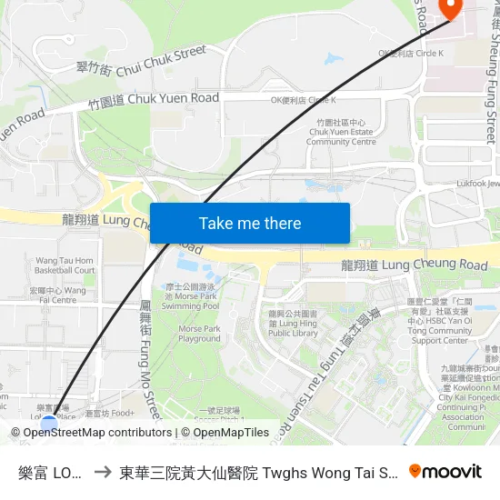 樂富 LOK Fu to 東華三院黃大仙醫院 Twghs Wong Tai Sin Hospital map