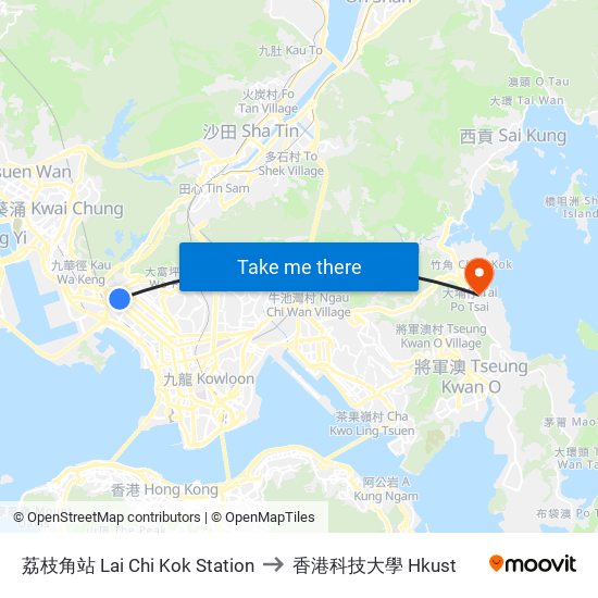 荔枝角站 Lai Chi Kok Station to 香港科技大學 Hkust map