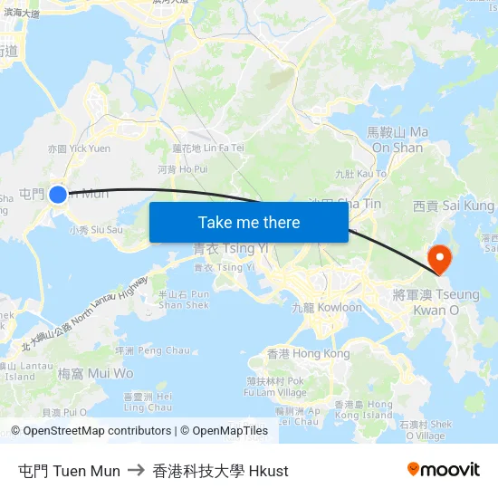 屯門 Tuen Mun to 香港科技大學 Hkust map