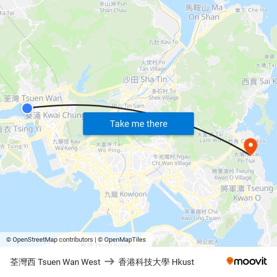 荃灣西 Tsuen Wan West to 香港科技大學 Hkust map