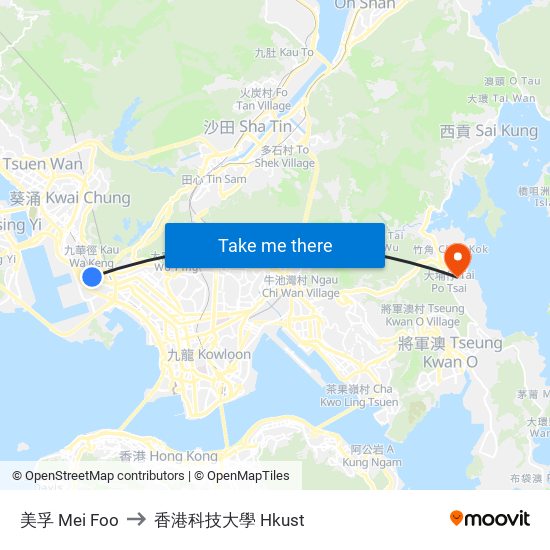 美孚 Mei Foo to 香港科技大學 Hkust map