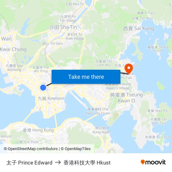 太子 Prince Edward to 香港科技大學 Hkust map