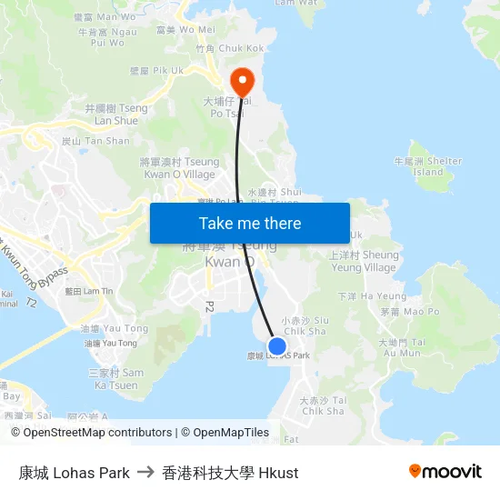 康城 Lohas Park to 香港科技大學 Hkust map