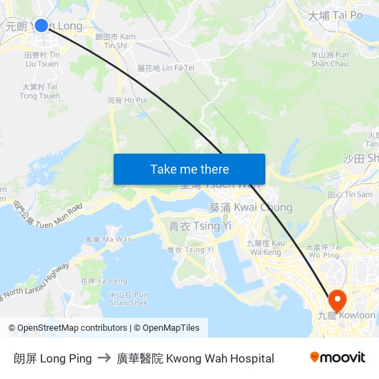 朗屏 Long Ping to 廣華醫院 Kwong Wah Hospital map