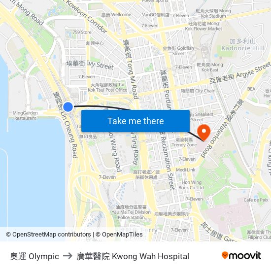 奧運 Olympic to 廣華醫院 Kwong Wah Hospital map