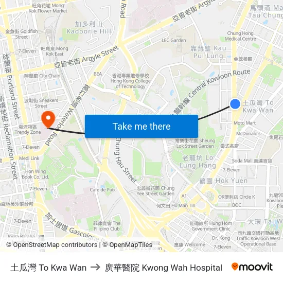 土瓜灣 To Kwa Wan to 廣華醫院 Kwong Wah Hospital map